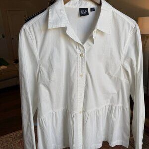 GAP Women’s White Button Front Blouse Long Sleeve Peplum Top